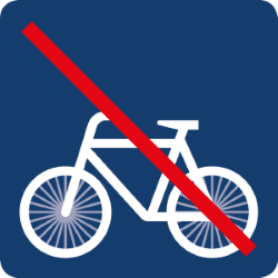 Piktogramm „Kein Radweg“, ein rundes blaues Schild mit einem durchgestrichenen weißen Fahrradsymbol, das ein Fahrverbot anzeigt.