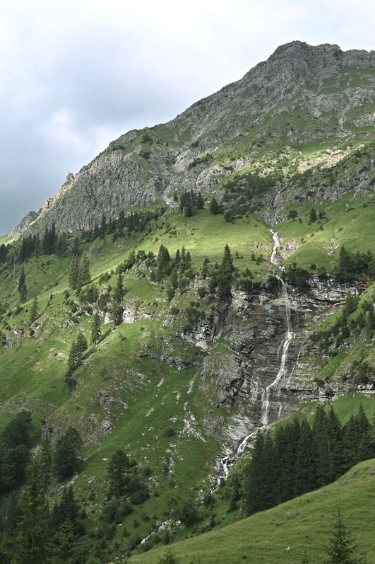 Ein Wasserfall stürzt über die Felsen im grünen und bewaldeten Retterschwangertal in der Nähe von Bad Hindelang.