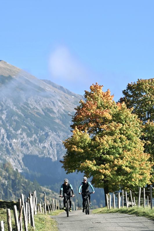 Zwei Radfahrer beim sportlichen Mountainbiken auf einer asphaltierten Straße in der beeindruckenden Herbstlandschaft von Hinterstein.